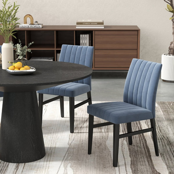 English Elm Butler Round Pedestal Dining Set Seats Four with Channel Tufted Chairs Ebony Finish Blue T2574S00410