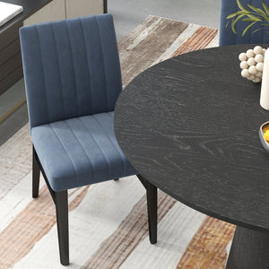 English Elm Butler Round Pedestal Dining Set Seats Four with Channel Tufted Chairs Ebony Finish Blue T2574S00410