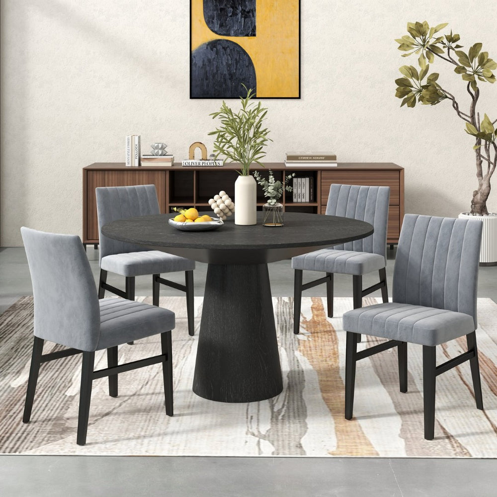 English Elm Butler Round Pedestal Dining Set Seats Four with Channel Tufted Chairs Ebony Finish Gray T2574S00411