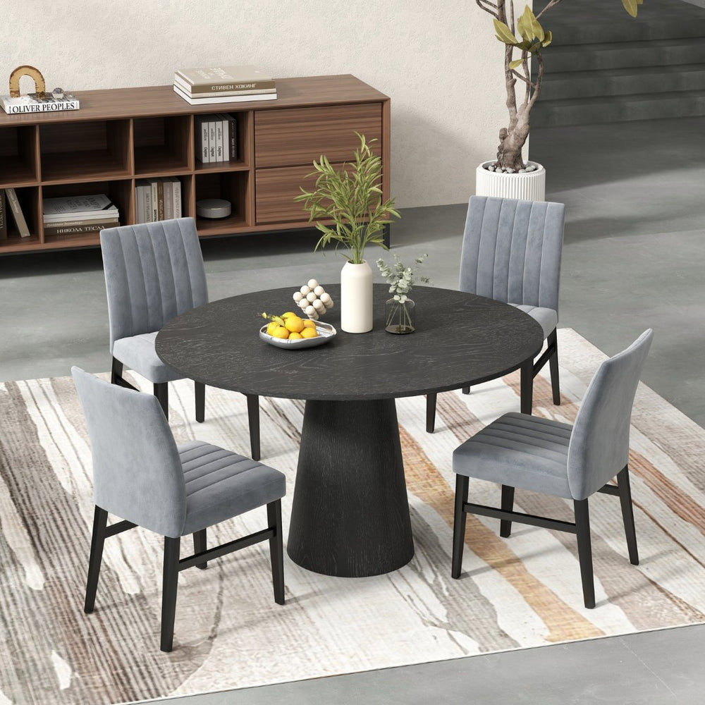 English Elm Butler Round Pedestal Dining Set Seats Four with Channel Tufted Chairs Ebony Finish Gray T2574S00411