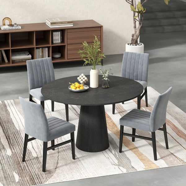 English Elm Butler Round Pedestal Dining Set Seats Four with Channel Tufted Chairs Ebony Finish Gray T2574S00411