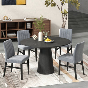 English Elm Butler Round Pedestal Dining Set Seats Four with Channel Tufted Chairs Ebony Finish Gray T2574S00411