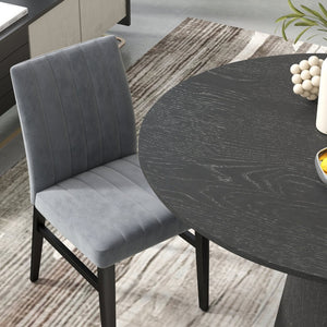 English Elm Butler Round Pedestal Dining Set Seats Four with Channel Tufted Chairs Ebony Finish Gray T2574S00411