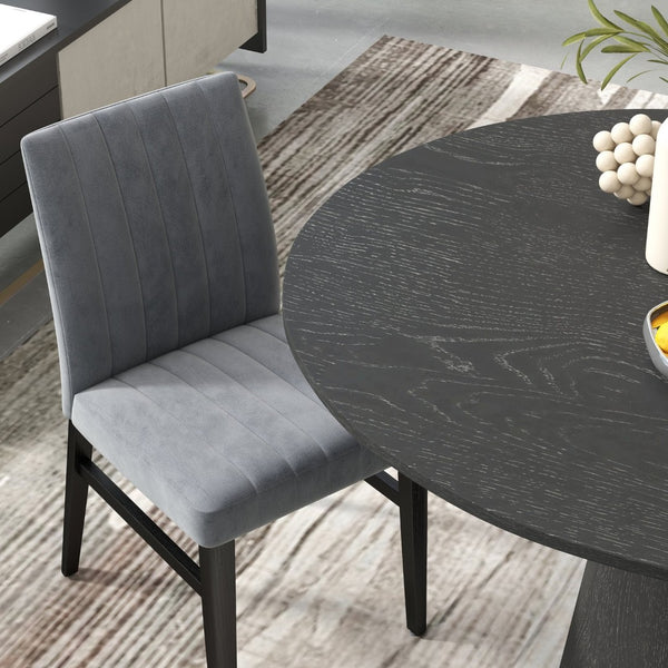English Elm Butler Round Pedestal Dining Set Seats Four with Channel Tufted Chairs Ebony Finish Gray T2574S00411