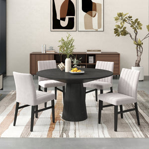 English Elm Butler Round Pedestal Dining Set Seats Four with Channel Tufted Chairs Ebony Finish Tan T2574S00412
