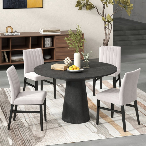 English Elm Butler Round Pedestal Dining Set Seats Four with Channel Tufted Chairs Ebony Finish Tan T2574S00412