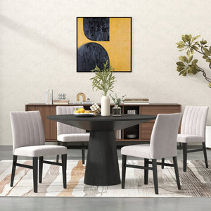 English Elm Butler Round Pedestal Dining Set Seats Four with Channel Tufted Chairs Ebony Finish Tan T2574S00412