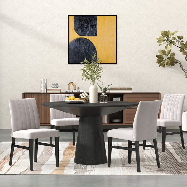 English Elm Butler Round Pedestal Dining Set Seats Four with Channel Tufted Chairs Ebony Finish Tan T2574S00412