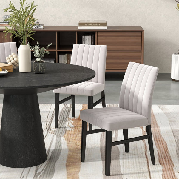 English Elm Butler Round Pedestal Dining Set Seats Four with Channel Tufted Chairs Ebony Finish Tan T2574S00412