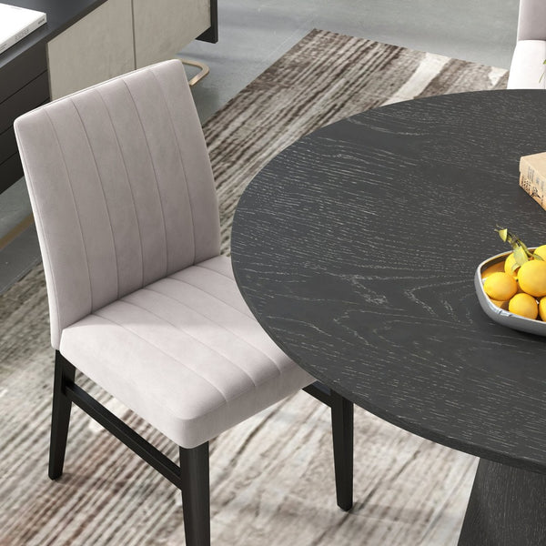 English Elm Butler Round Pedestal Dining Set Seats Four with Channel Tufted Chairs Ebony Finish Tan T2574S00412