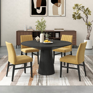 English Elm Butler Round Pedestal Dining Set Seats Four with Channel Tufted Chairs Ebony Finish Yellow T2574S00413