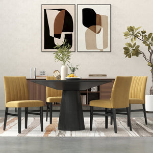English Elm Butler Round Pedestal Dining Set Seats Four with Channel Tufted Chairs Ebony Finish Yellow T2574S00413