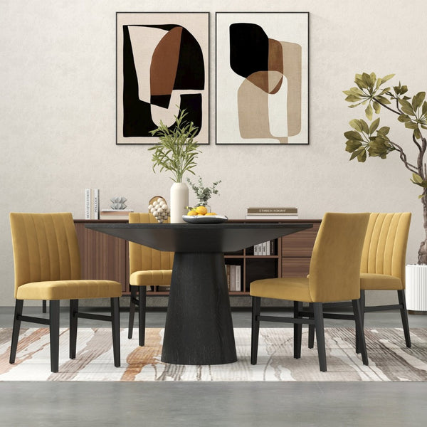 English Elm Butler Round Pedestal Dining Set Seats Four with Channel Tufted Chairs Ebony Finish Yellow T2574S00413