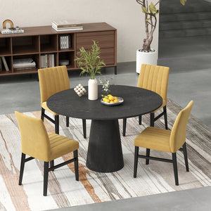 English Elm Butler Round Pedestal Dining Set Seats Four with Channel Tufted Chairs Ebony Finish Yellow T2574S00413