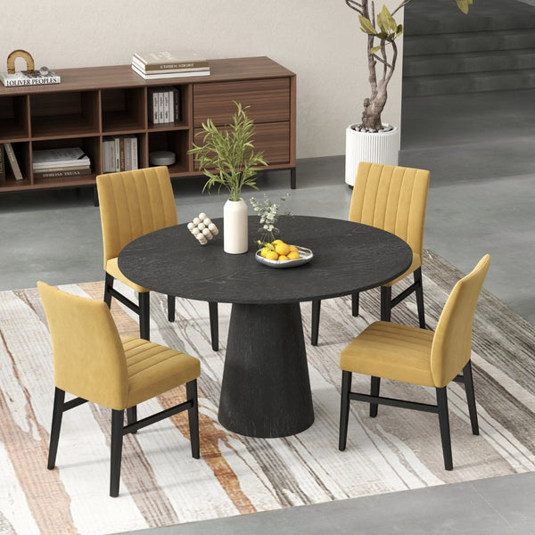 English Elm Butler Round Pedestal Dining Set Seats Four with Channel Tufted Chairs Ebony Finish Yellow T2574S00413