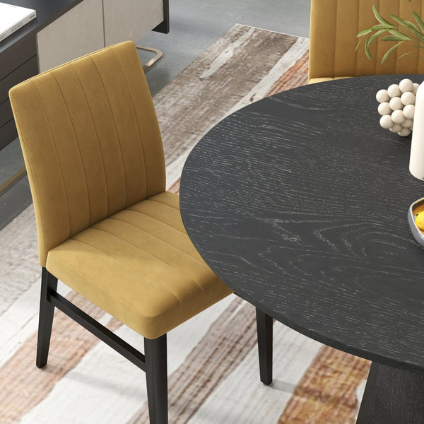 English Elm Butler Round Pedestal Dining Set Seats Four with Channel Tufted Chairs Ebony Finish Yellow T2574S00413