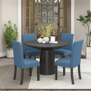 English Elm Nuevo Round Pedestal Dining Set with 4 Upholstered High-back Chairs Nailhead Trim T2574S00414
