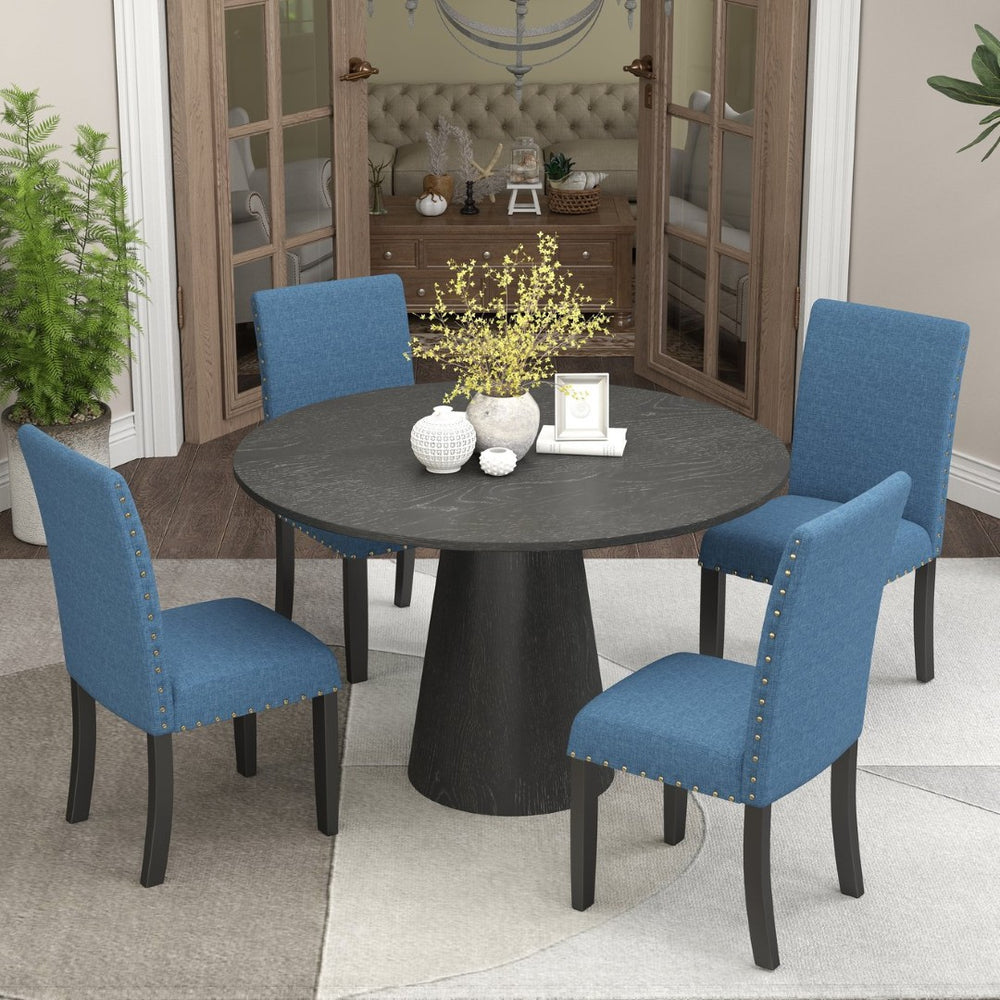 English Elm Nuevo Round Pedestal Dining Set with 4 Upholstered High-back Chairs Nailhead Trim T2574S00414