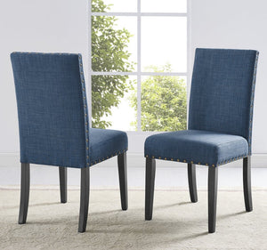 English Elm Nuevo Round Pedestal Dining Set with 4 Upholstered High-back Chairs Nailhead Trim T2574S00414