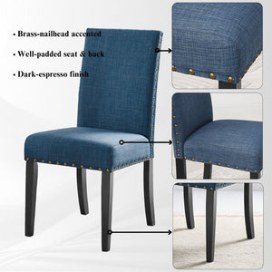 English Elm Nuevo Round Pedestal Dining Set with 4 Upholstered High-back Chairs Nailhead Trim T2574S00414