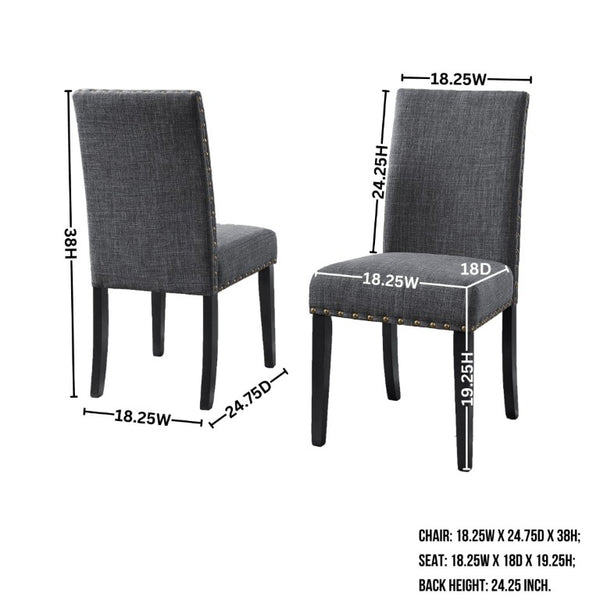 English Elm Nuevo Round Pedestal Dining Set Oak Veneer Table Four Nailhead Upholstered Chairs Gray T2574S00416