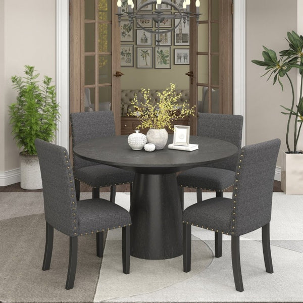 English Elm Nuevo Round Pedestal Dining Set Oak Veneer Table Four Nailhead Upholstered Chairs Gray T2574S00416