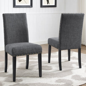 English Elm Nuevo Round Pedestal Dining Set Oak Veneer Table Four Nailhead Upholstered Chairs Gray T2574S00416
