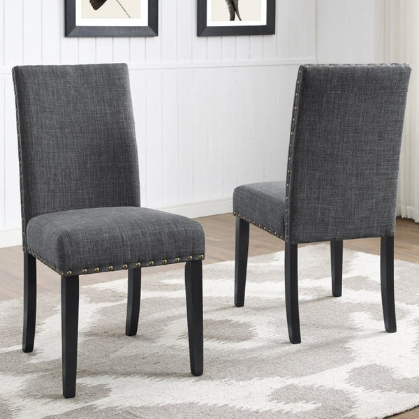 English Elm Nuevo Round Pedestal Dining Set Oak Veneer Table Four Nailhead Upholstered Chairs Gray T2574S00416