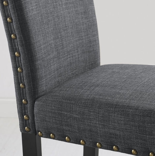 English Elm Nuevo Round Pedestal Dining Set Oak Veneer Table Four Nailhead Upholstered Chairs Gray T2574S00416