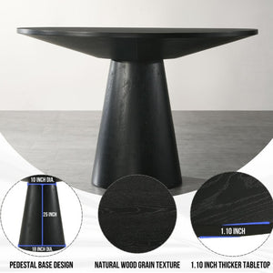 English Elm Nuevo Round Pedestal Dining Set Oak Veneer Table Four Nailhead Upholstered Chairs Gray T2574S00416