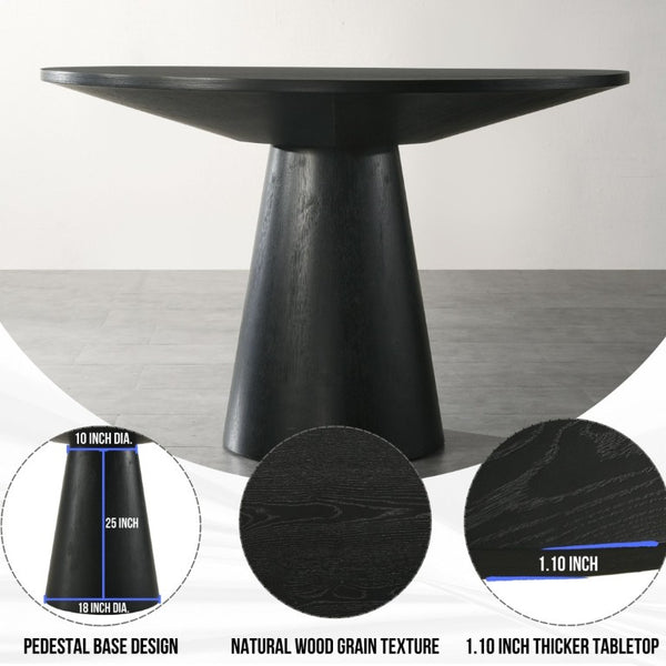 English Elm Nuevo Round Pedestal Dining Set Oak Veneer Table Four Nailhead Upholstered Chairs Gray T2574S00416