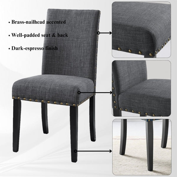 English Elm Nuevo Round Pedestal Dining Set Oak Veneer Table Four Nailhead Upholstered Chairs Gray T2574S00416
