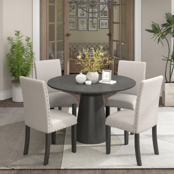 English Elm Nuevo Round Pedestal Dining Set Oak Veneer Table Four Nailhead Upholstered Chairs Tan T2574S00417