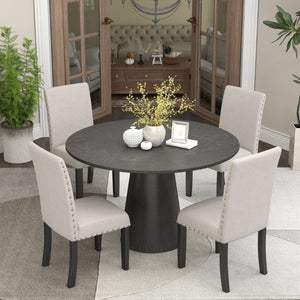 English Elm Nuevo Round Pedestal Dining Set Oak Veneer Table Four Nailhead Upholstered Chairs Tan T2574S00417