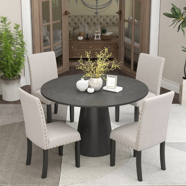 English Elm Nuevo Round Pedestal Dining Set Oak Veneer Table Four Nailhead Upholstered Chairs Tan T2574S00417