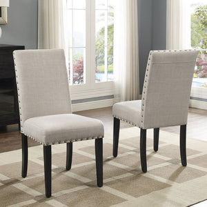 English Elm Nuevo Round Pedestal Dining Set Oak Veneer Table Four Nailhead Upholstered Chairs Tan T2574S00417