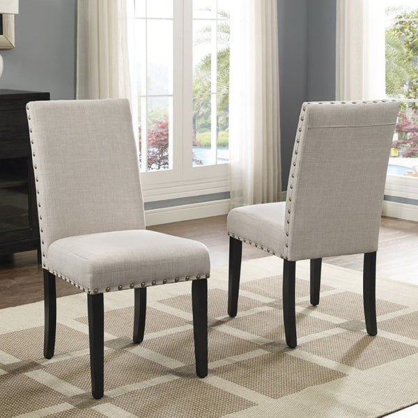 English Elm Nuevo Round Pedestal Dining Set Oak Veneer Table Four Nailhead Upholstered Chairs Tan T2574S00417