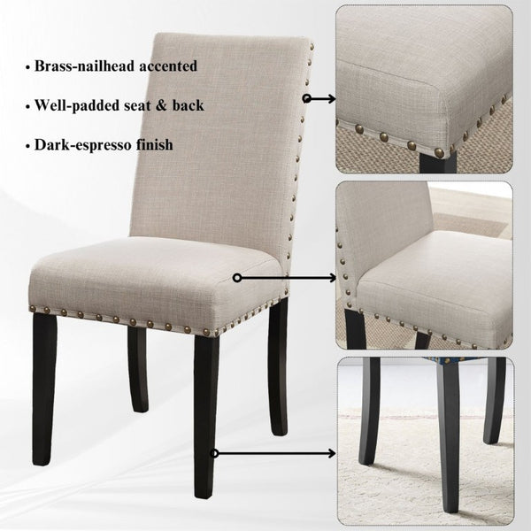 English Elm Nuevo Round Pedestal Dining Set Oak Veneer Table Four Nailhead Upholstered Chairs Tan T2574S00417