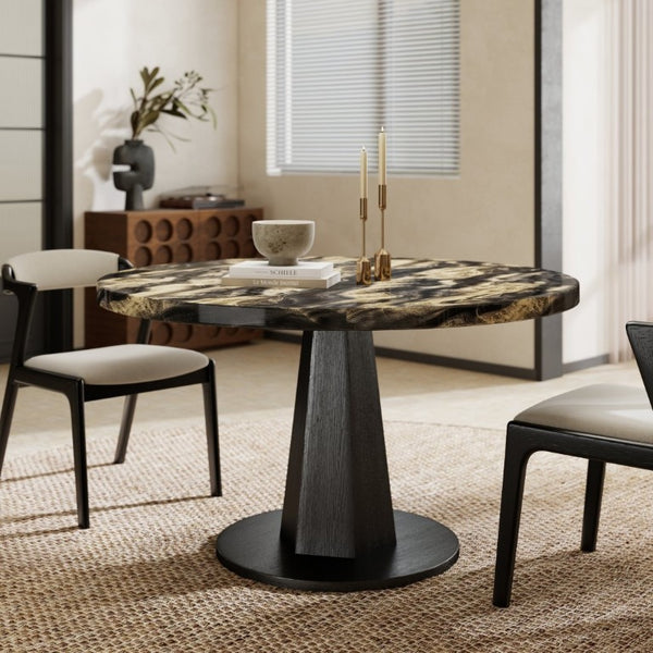 English Elm Cavira Round Faux Marble Dining Table with Geometric Pedestal Base Seats Four Black, Gold T2574S00418