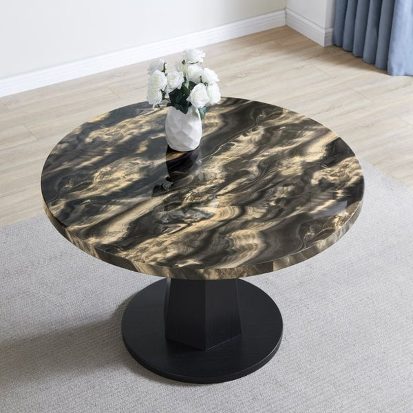 English Elm Cavira Round Faux Marble Dining Table with Geometric Pedestal Base Seats Four Black, Gold T2574S00418