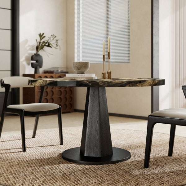 English Elm Cavira Round Faux Marble Dining Table with Geometric Pedestal Base Seats Four Black, Gold T2574S00418