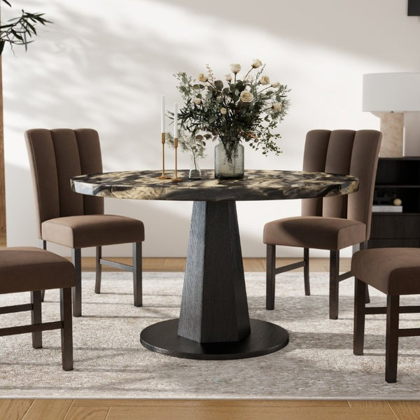 English Elm Cavira Round Faux Marble Dining Table with Geometric Pedestal Base Seats Four Black, Gold T2574S00418