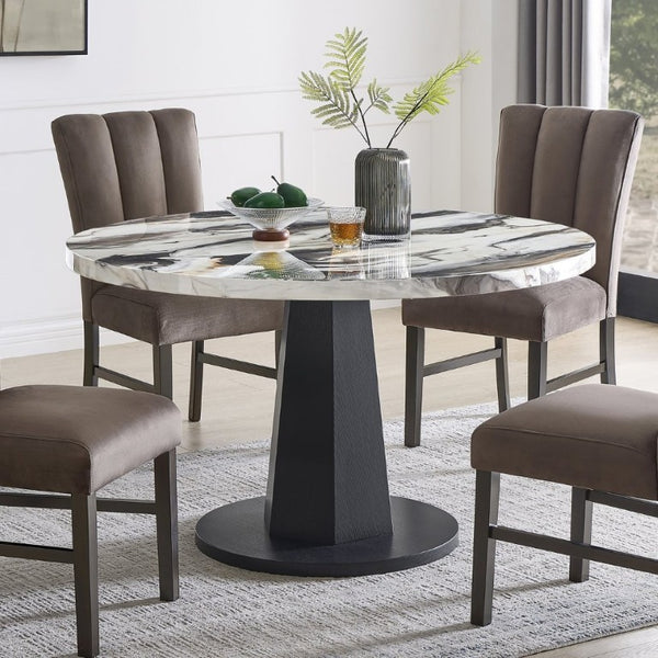 English Elm Cavira Round Faux Marble Dining Table with Geometric Pedestal Base Seats Four Black, Off White T2574S00419