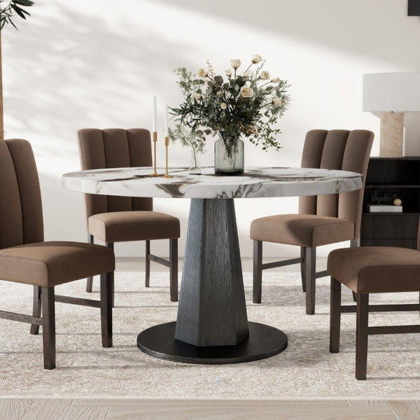 English Elm Cavira Round Faux Marble Dining Table with Geometric Pedestal Base Seats Four Black, Off White T2574S00419