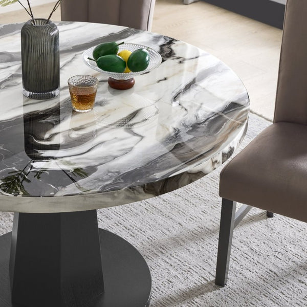 English Elm Cavira Round Faux Marble Dining Table with Geometric Pedestal Base Seats Four Black, Off White T2574S00419