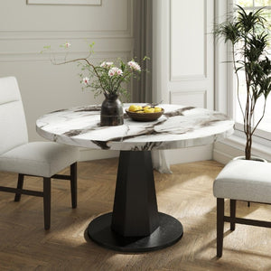 English Elm Cavira Round Faux Marble Dining Table with Geometric Pedestal Base Seats Four Black, Off White T2574S00419