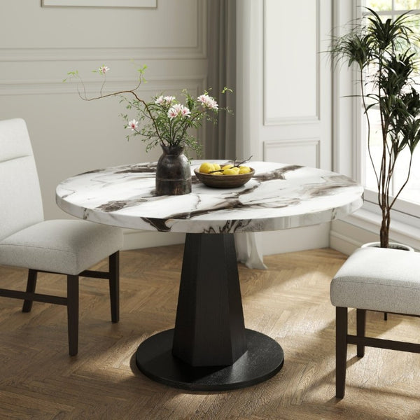 English Elm Cavira Round Faux Marble Dining Table with Geometric Pedestal Base Seats Four Black, Off White T2574S00419