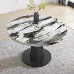 English Elm Cavira Round Faux Marble Dining Table with Geometric Pedestal Base Seats Four Black, Off White T2574S00419