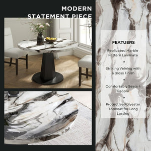 English Elm Cavira Round Faux Marble Dining Table with Geometric Pedestal Base Seats Four Black, Off White T2574S00419