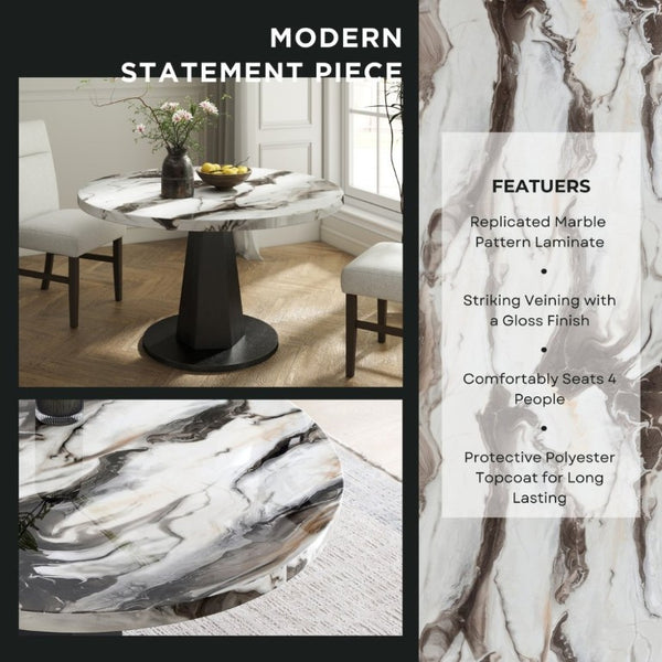 English Elm Cavira Round Faux Marble Dining Table with Geometric Pedestal Base Seats Four Black, Off White T2574S00419